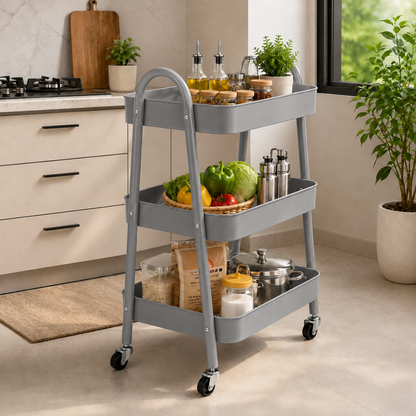 StacPro 3-Tier Metal Storage Trolley with Wheels | Grey Multipurpose Rolling Rack