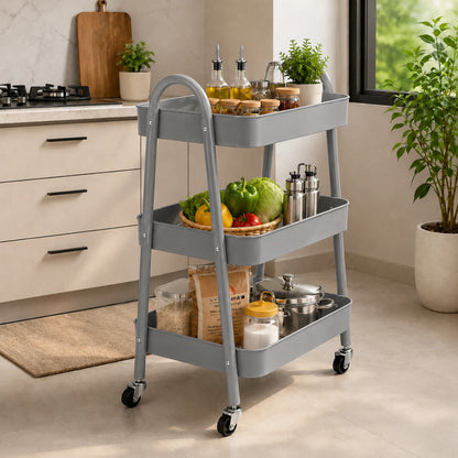 StacPro 3-Tier Metal Storage Trolley with Wheels | Grey Multipurpose Rolling Rack