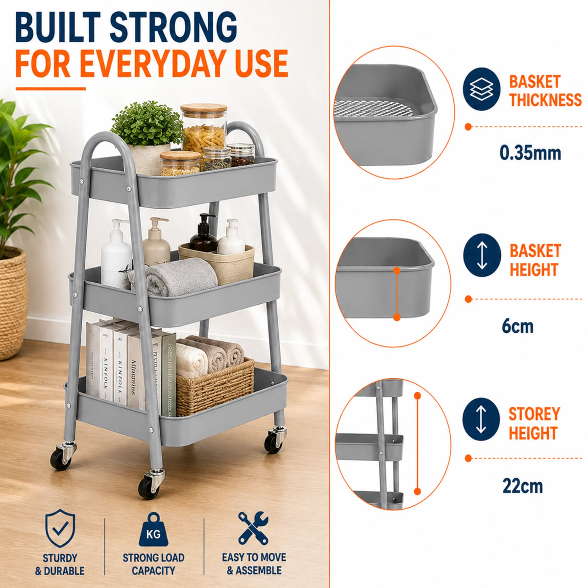 StacPro 3-Tier Metal Storage Trolley with Wheels | Grey Multipurpose Rolling Rack