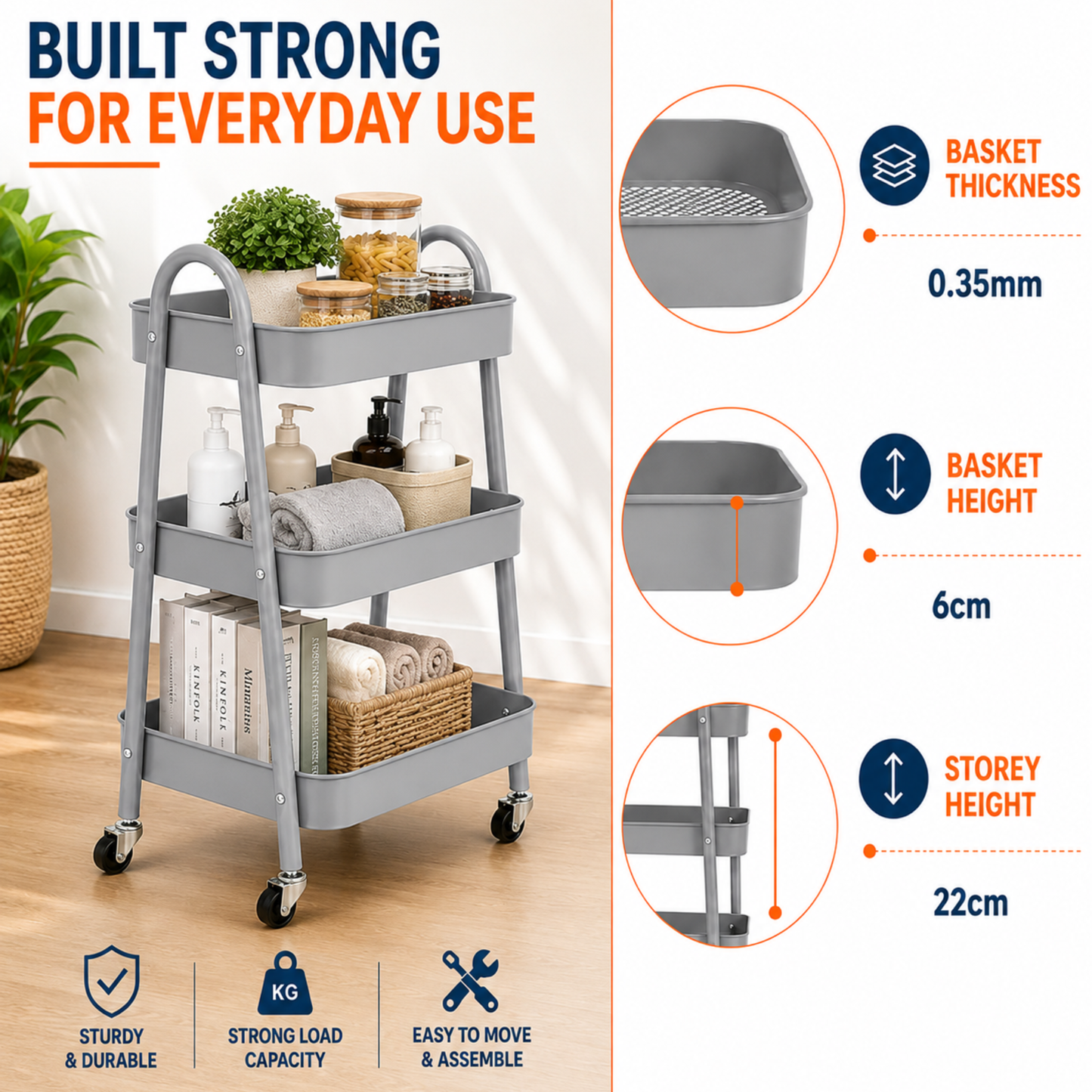 StacPro 3-Tier Metal Storage Trolley with Wheels | Grey Multipurpose Rolling Rack
