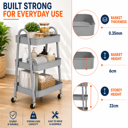 StacPro 3-Tier Metal Storage Trolley with Wheels | Grey Multipurpose Rolling Rack