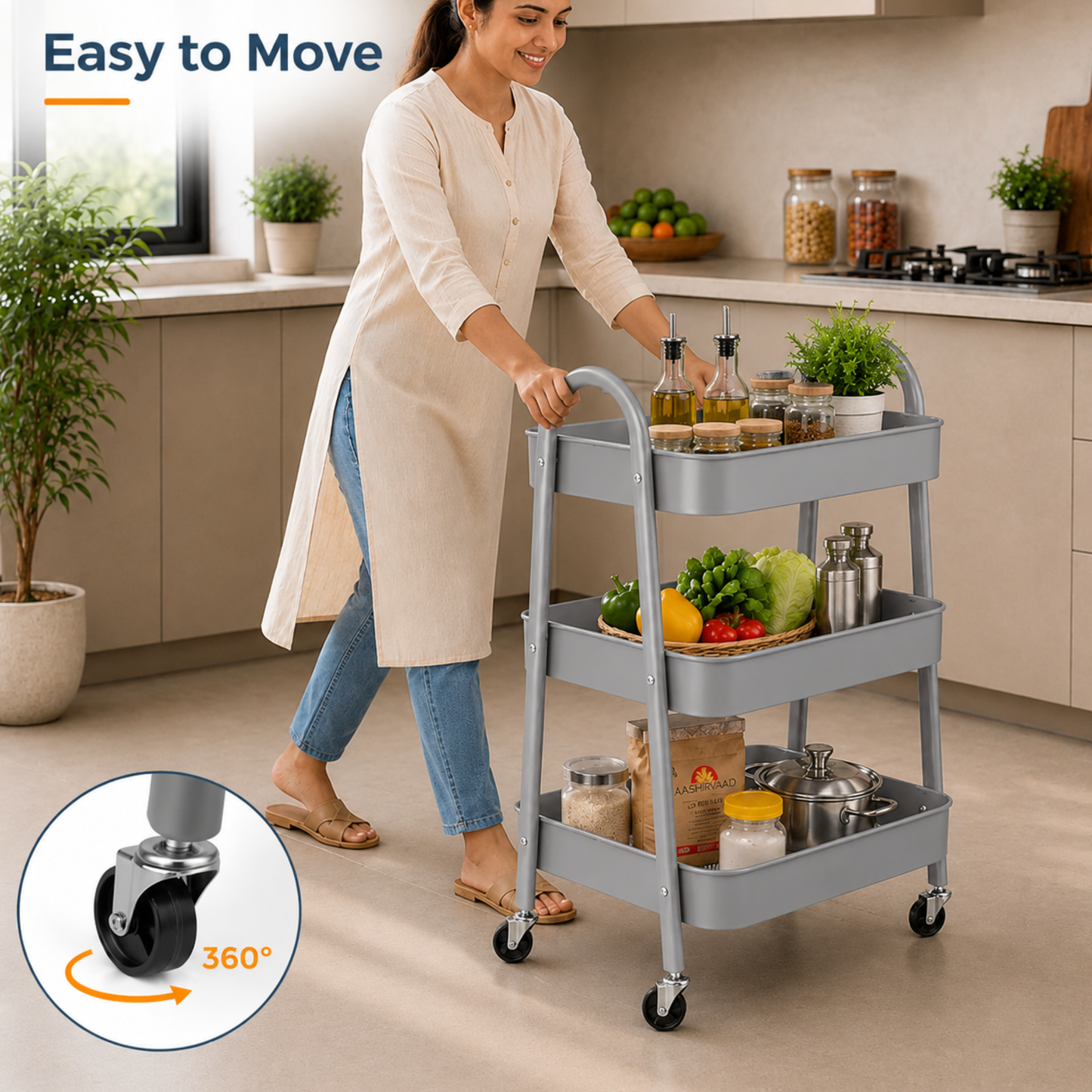 StacPro 3-Tier Metal Storage Trolley with Wheels | Grey Multipurpose Rolling Rack