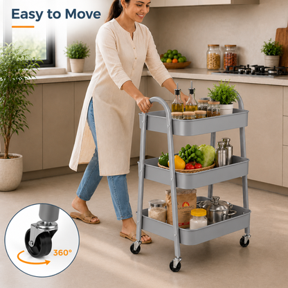 StacPro 3-Tier Metal Storage Trolley with Wheels | Grey Multipurpose Rolling Rack