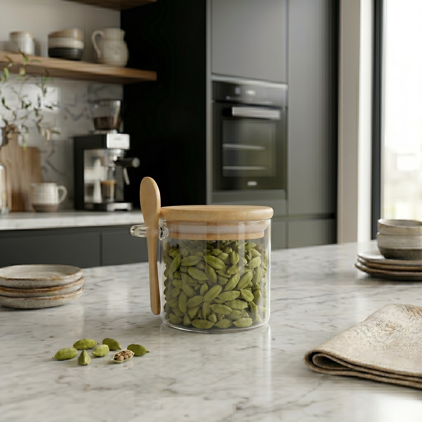 Airtight Glass Jar with Bamboo Lid & Spoon – 350ml
