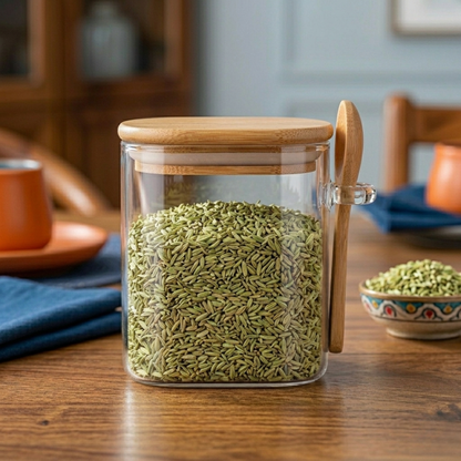 Square Airtight Glass Jar with Bamboo Lid & Spoon – 350ml