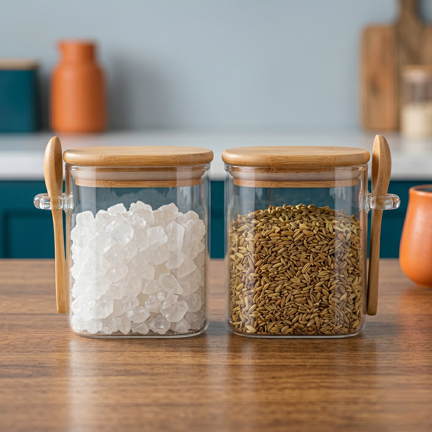 Square Airtight Glass Jar with Bamboo Lid & Spoon – 350ml