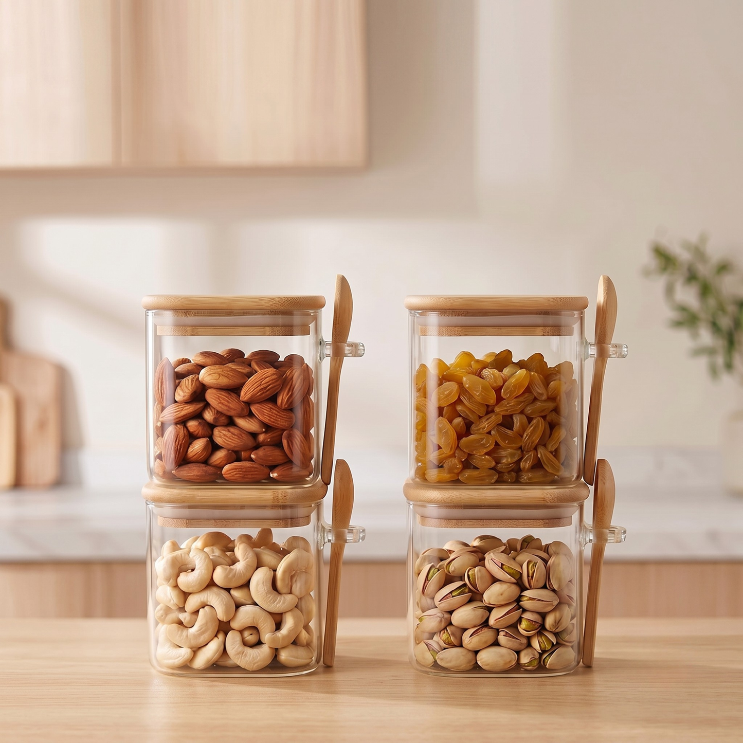 Square Airtight Glass Jar with Bamboo Lid & Spoon – 350ml