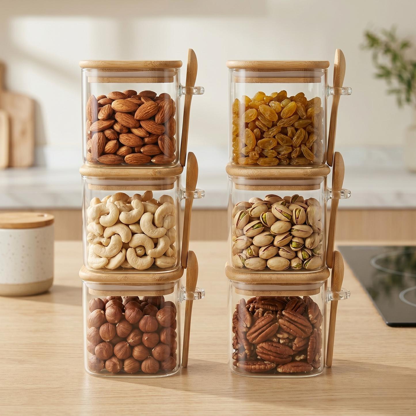 Square Airtight Glass Jar with Bamboo Lid & Spoon – 350ml