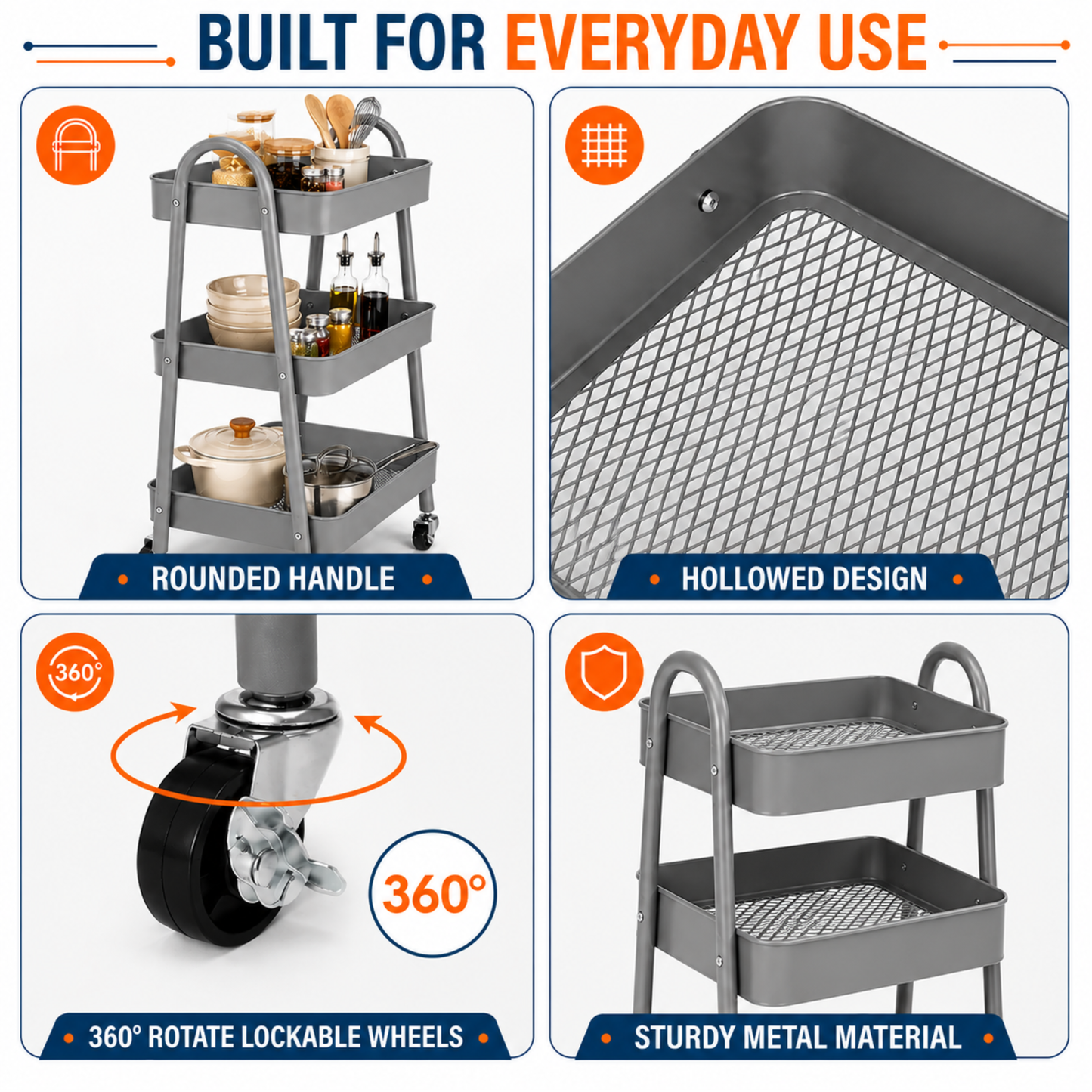 StacPro 3-Tier Metal Storage Trolley with Wheels | Grey Multipurpose Rolling Rack