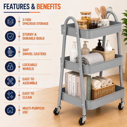 StacPro 3-Tier Metal Storage Trolley with Wheels | Grey Multipurpose Rolling Rack