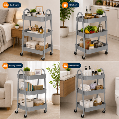StacPro 3-Tier Metal Storage Trolley with Wheels | Grey Multipurpose Rolling Rack