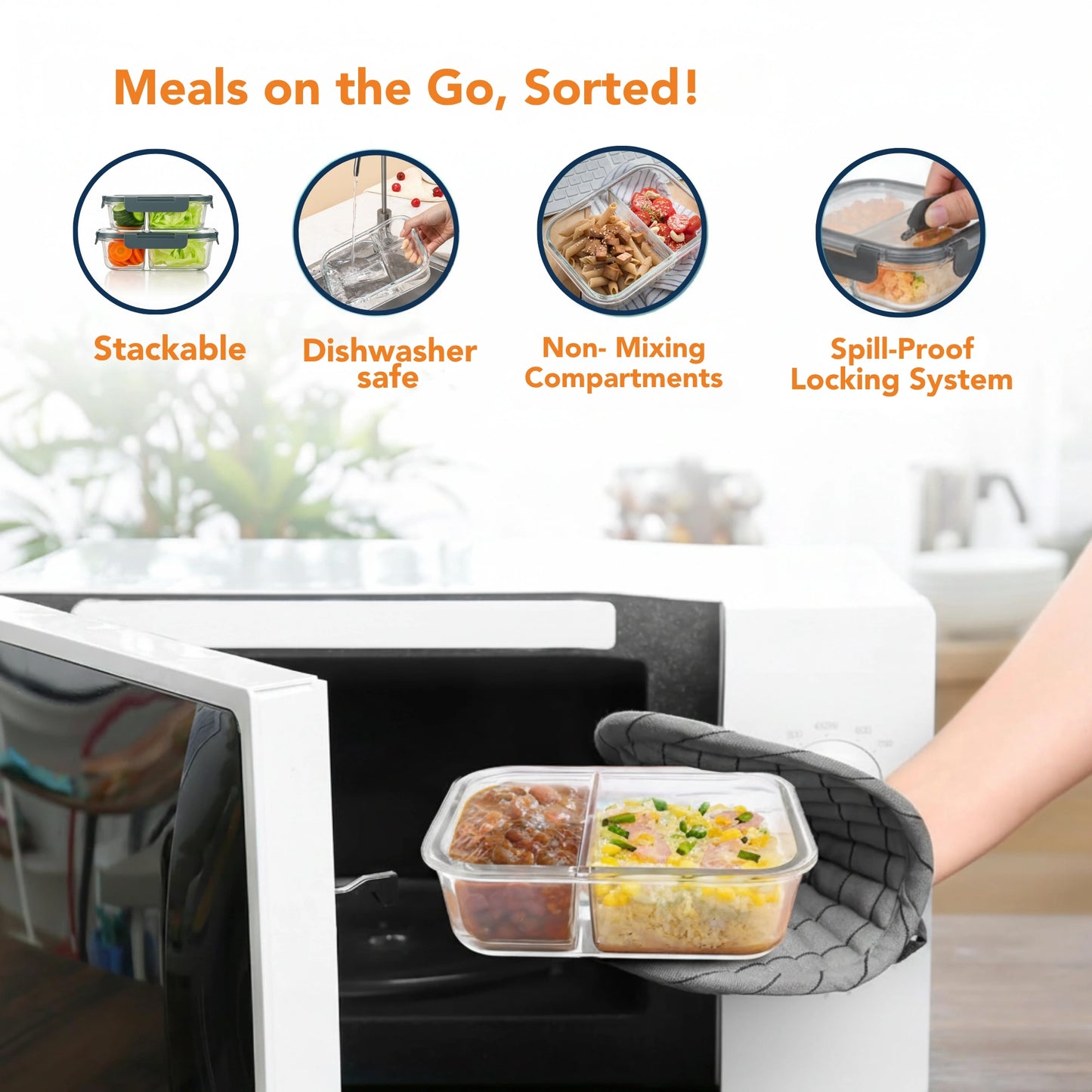 Borosilicate Glass Lunch Box with 2 Compartments & Leak-Proof 4-Side Lock Lid