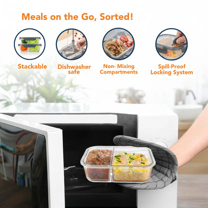 Borosilicate Glass Lunch Box with 2 Compartments & Leak-Proof 4-Side Lock Lid