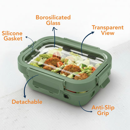 StacPro Griplok Borosilicate Glass Lunch Box – Forest Green | Leakproof Lid & Silicone Sleeve