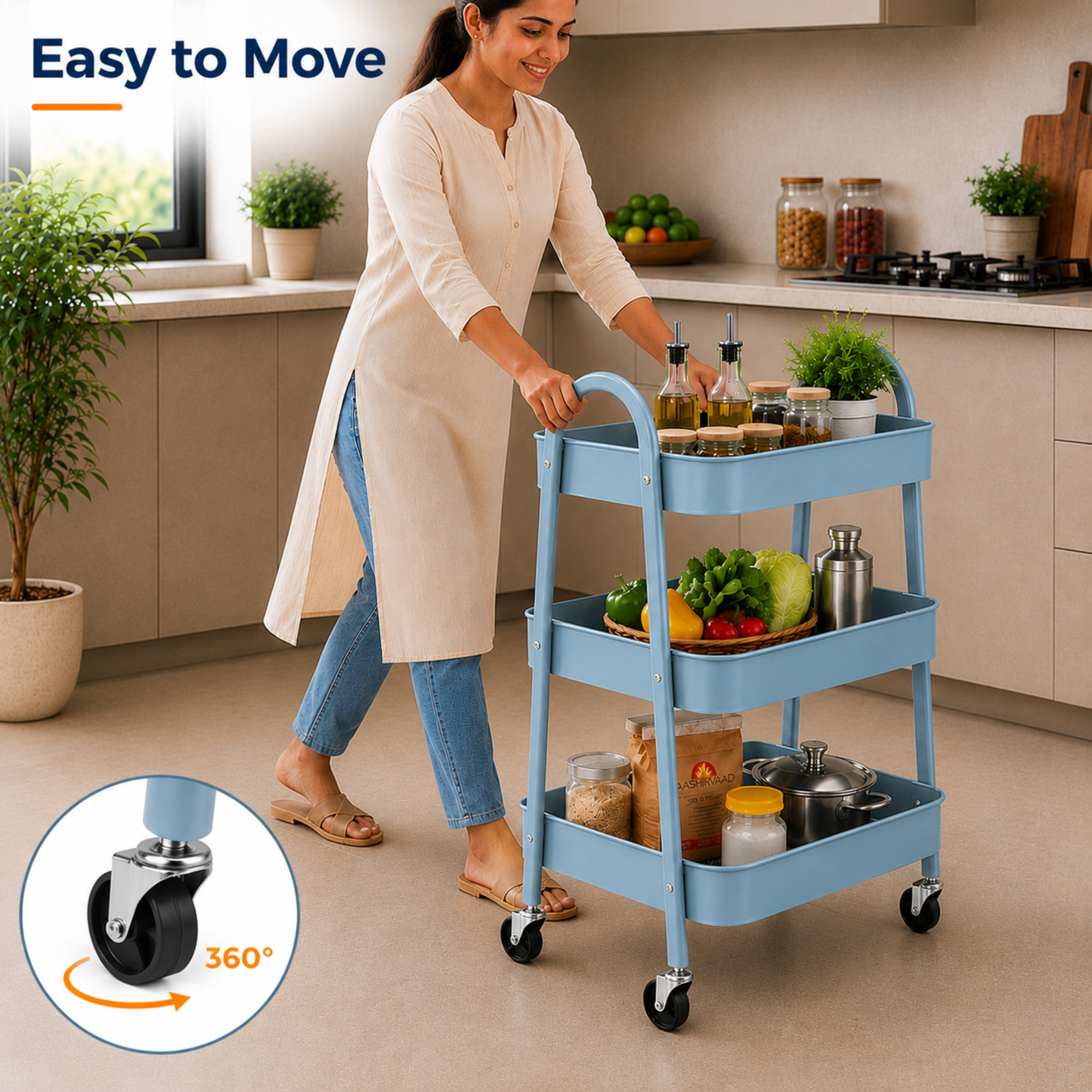 StacPro 3-Tier Metal Storage Trolley with Wheels | Multipurpose Rolling Rack