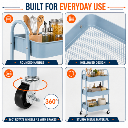 StacPro 3-Tier Metal Storage Trolley with Wheels | Multipurpose Rolling Rack