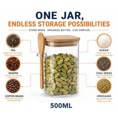 StacPro Airtight Square Glass Spice Jar with Bamboo Lid & Spoon – 500ml | Moisture-Proof, Stackable