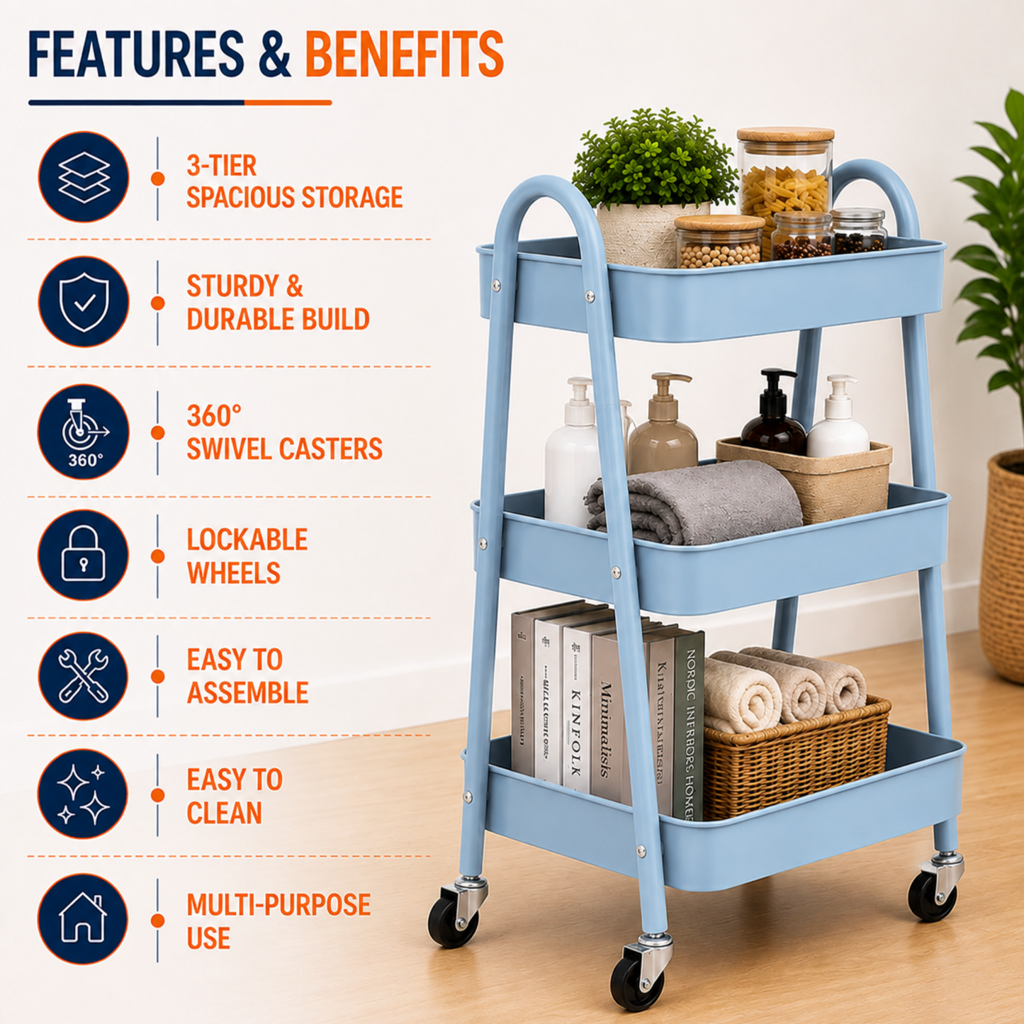 StacPro 3-Tier Metal Storage Trolley with Wheels | Multipurpose Rolling Rack