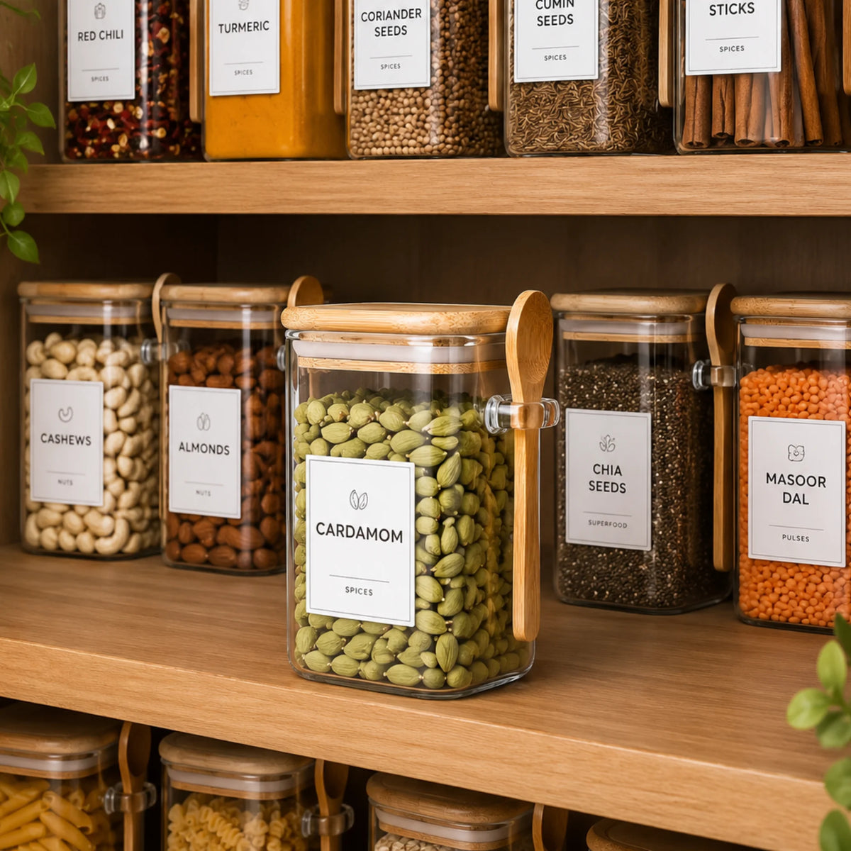 StacPro Airtight Square Glass Spice Jar with Bamboo Lid & Spoon – 500ml | Moisture-Proof, Stackable