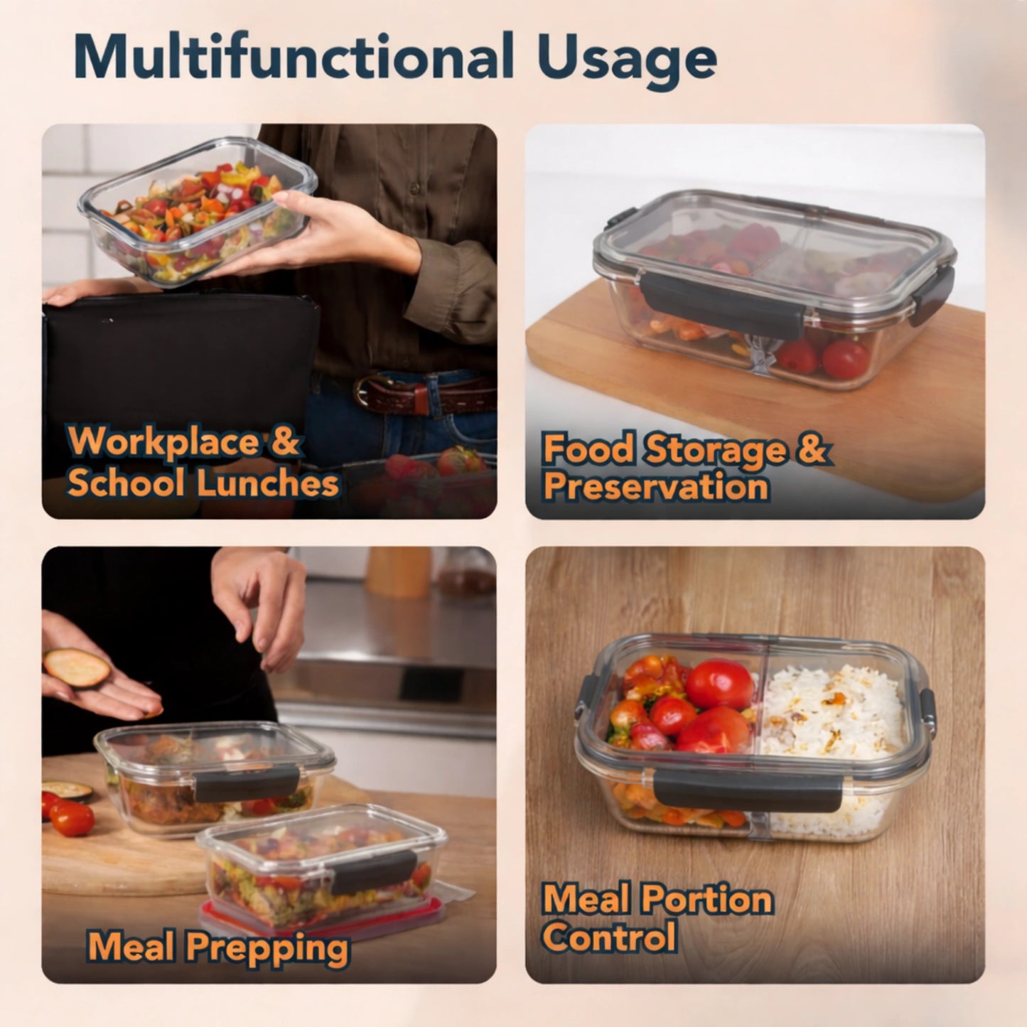 Borosilicate Glass Lunch Box with 2 Compartments & Leak-Proof 4-Side Lock Lid