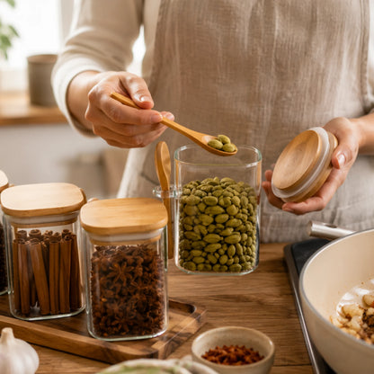 StacPro Airtight Square Glass Spice Jar with Bamboo Lid & Spoon – 500ml | Moisture-Proof, Stackable