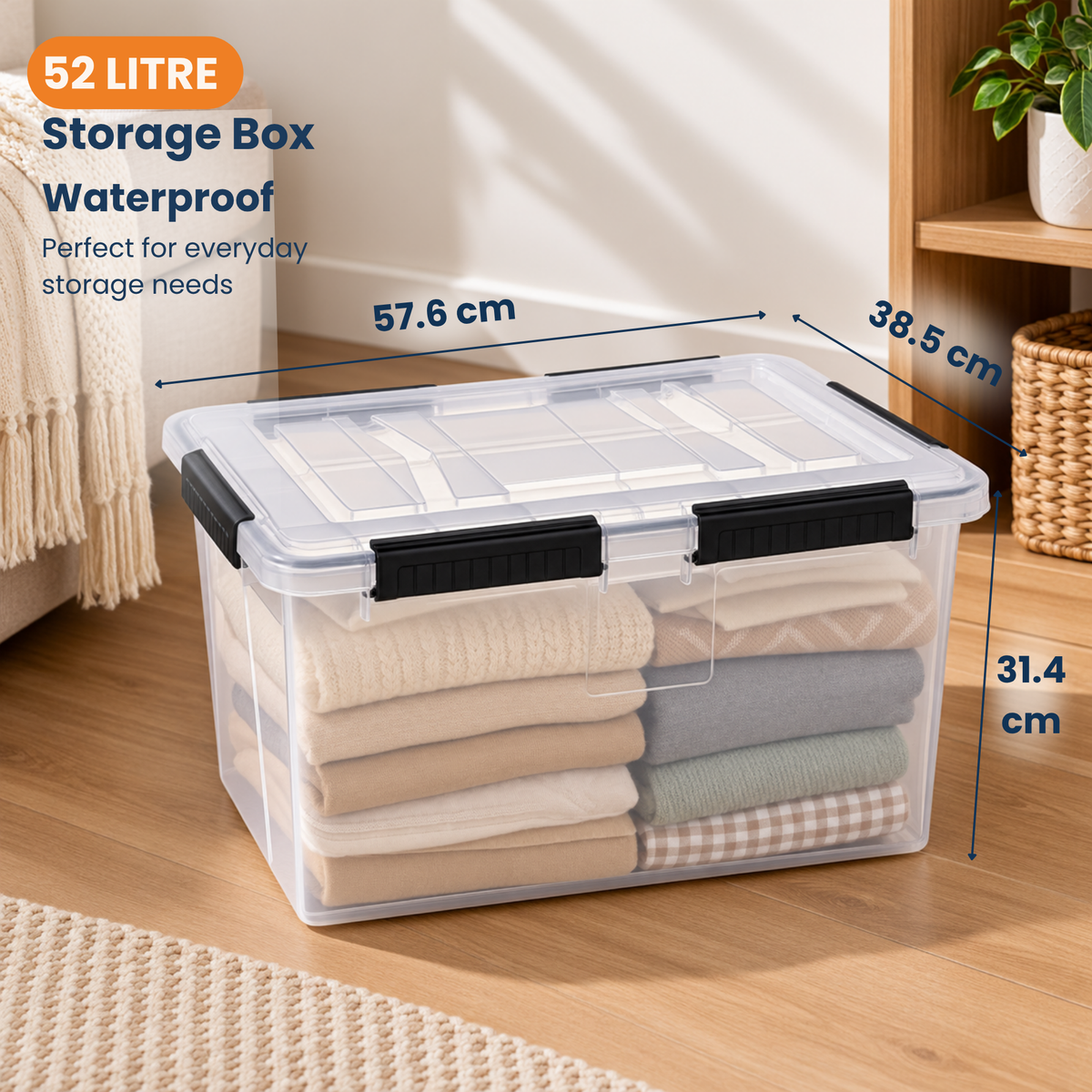 StacPro Waterproof Clear Storage Box — 52L | Secure Locking Lid, Heavy-Duty | Dustproof & Waterproof for Home, Garage & Monsoon Storage