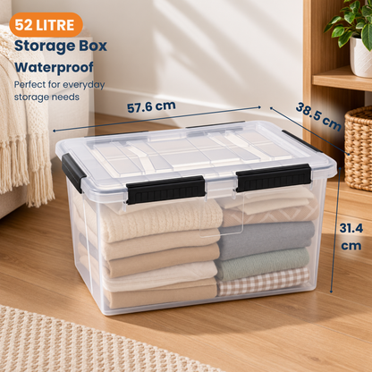 StacPro Waterproof Clear Storage Box — 52L | Secure Locking Lid, Heavy-Duty | Dustproof & Waterproof for Home, Garage & Monsoon Storage