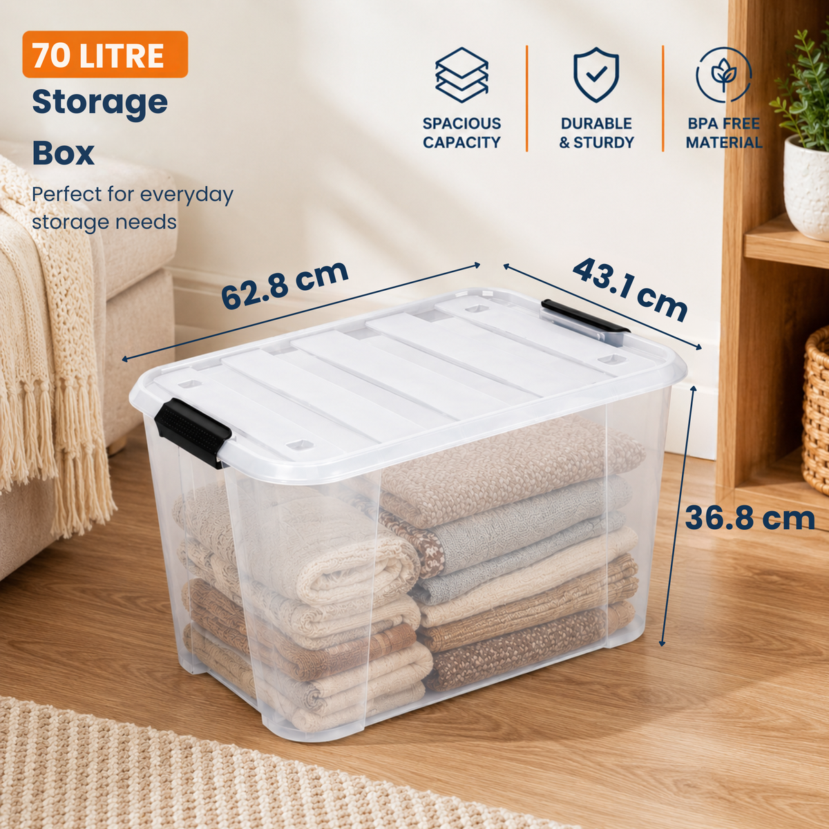 StacPro Heavy-Duty Rolling Storage Box — 70L | Clear View, Stackable, Smooth-Roll Wheels