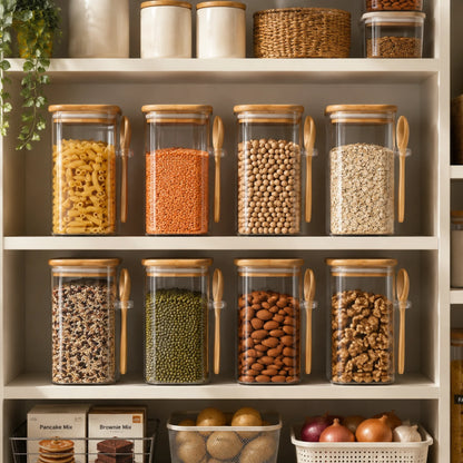 StacPro Airtight Square Glass Spice Jar with Bamboo Lid & Spoon – 850ml | Moisture-Proof, Stackable
