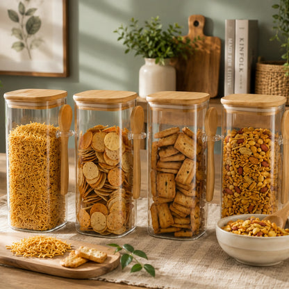 StacPro Airtight Square Glass Spice Jar with Bamboo Lid & Spoon – 850ml | Moisture-Proof, Stackable