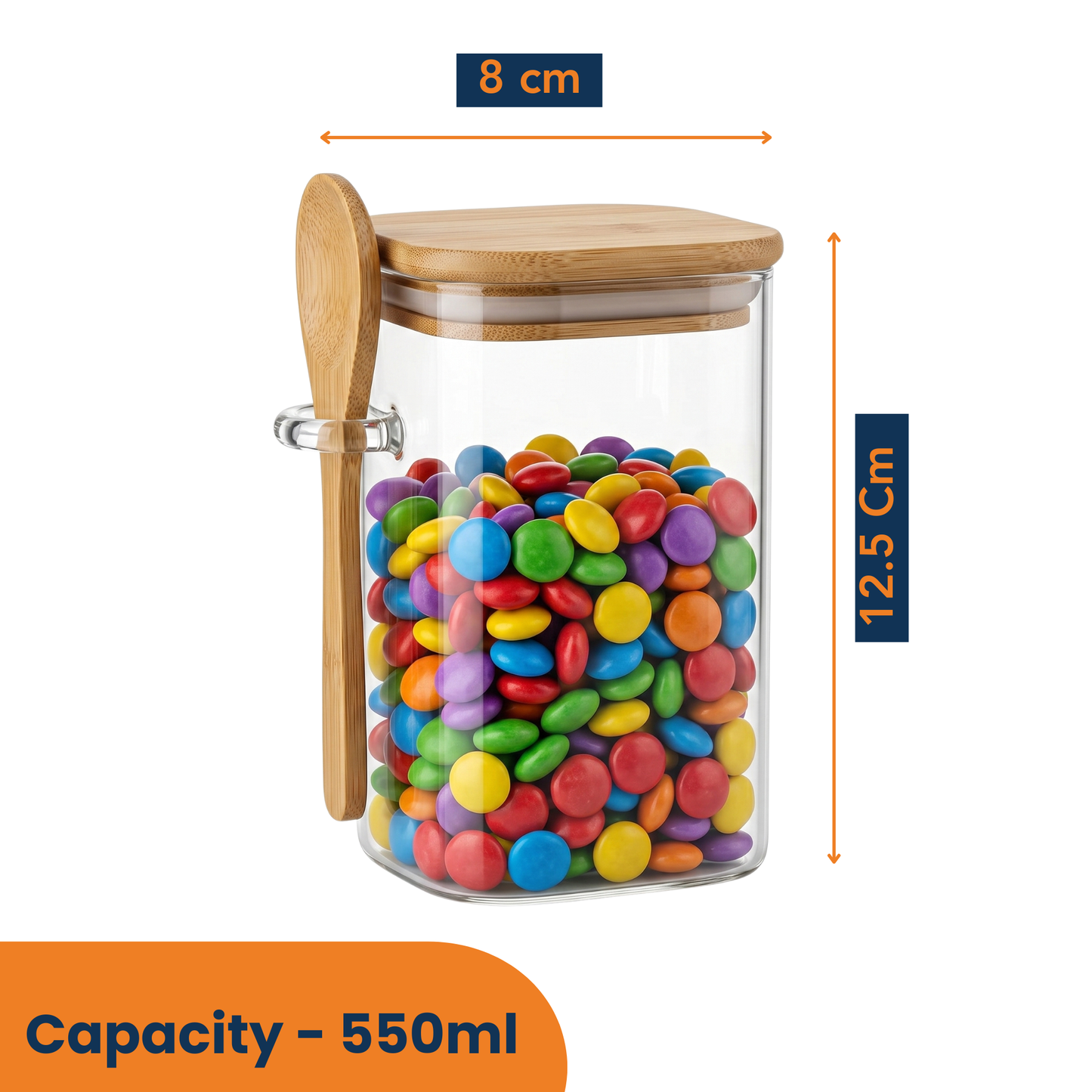Square Airtight Glass Jar with Bamboo Lid & Spoon – 500ml
