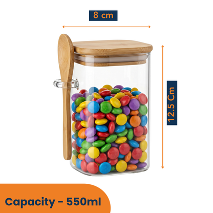 Square Airtight Glass Jar with Bamboo Lid & Spoon – 500ml