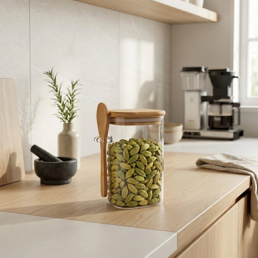 StacPro Airtight Square Glass Spice Jar with Bamboo Lid & Spoon – 500ml | Moisture-Proof, Stackable