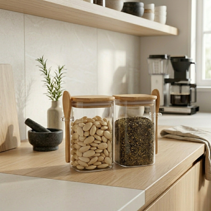 Square Airtight Glass Jar with Bamboo Lid & Spoon – 500ml