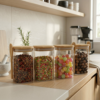 Square Airtight Glass Jar with Bamboo Lid & Spoon – 500ml