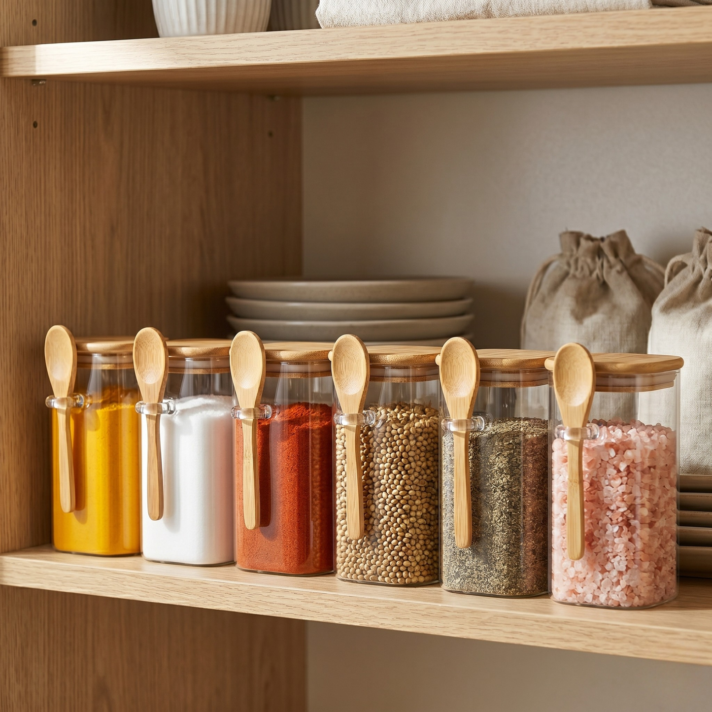 Square Airtight Glass Jar with Bamboo Lid & Spoon – 850ml