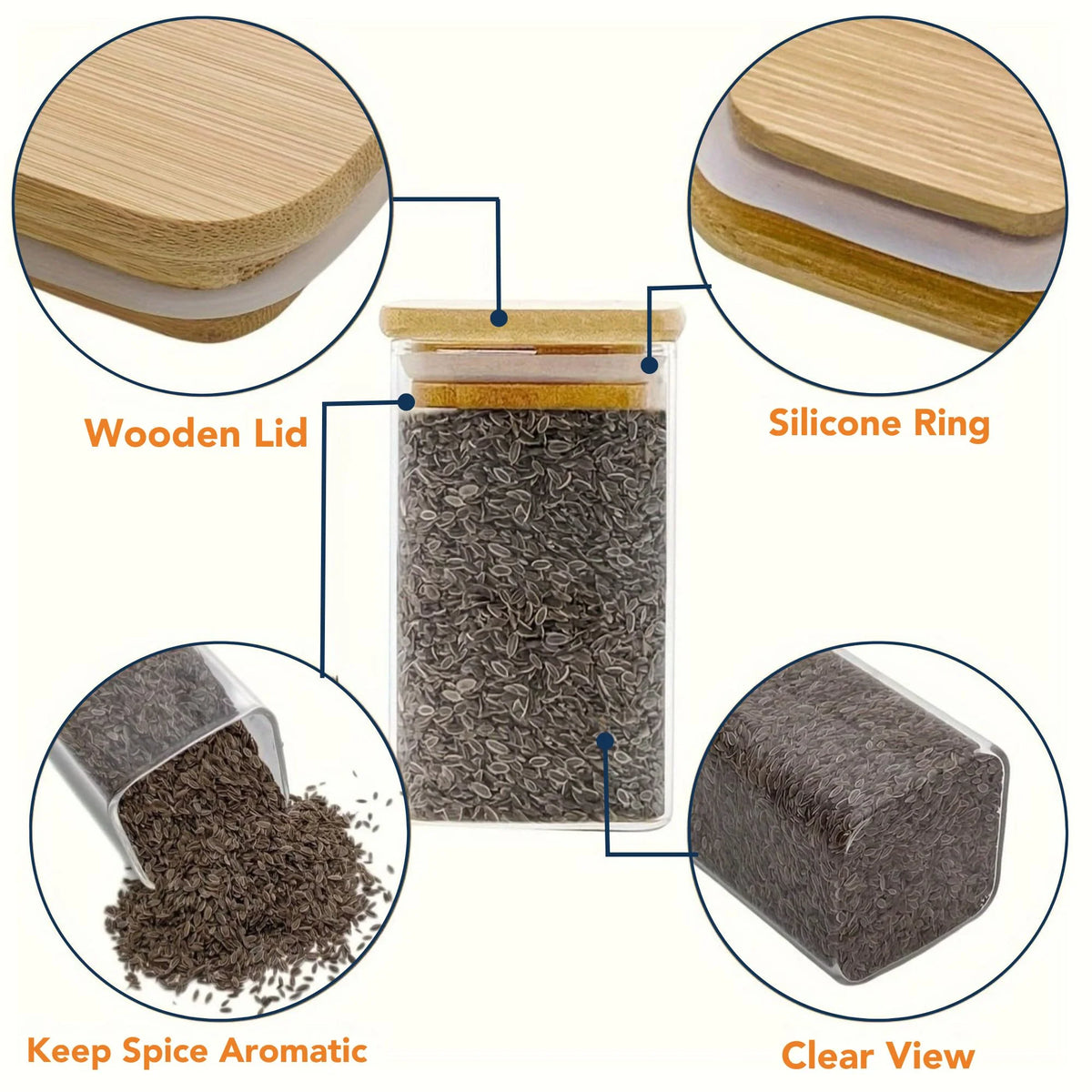 StacPro Airtight Square Glass Spice Jar with Bamboo Lid – 750ml | Moisture-Proof, Stackable
