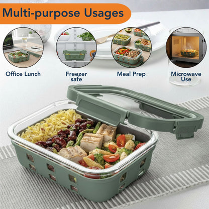 StacPro Griplok Borosilicate Glass Lunch Box – Forest Green | Leakproof Lid & Silicone Sleeve