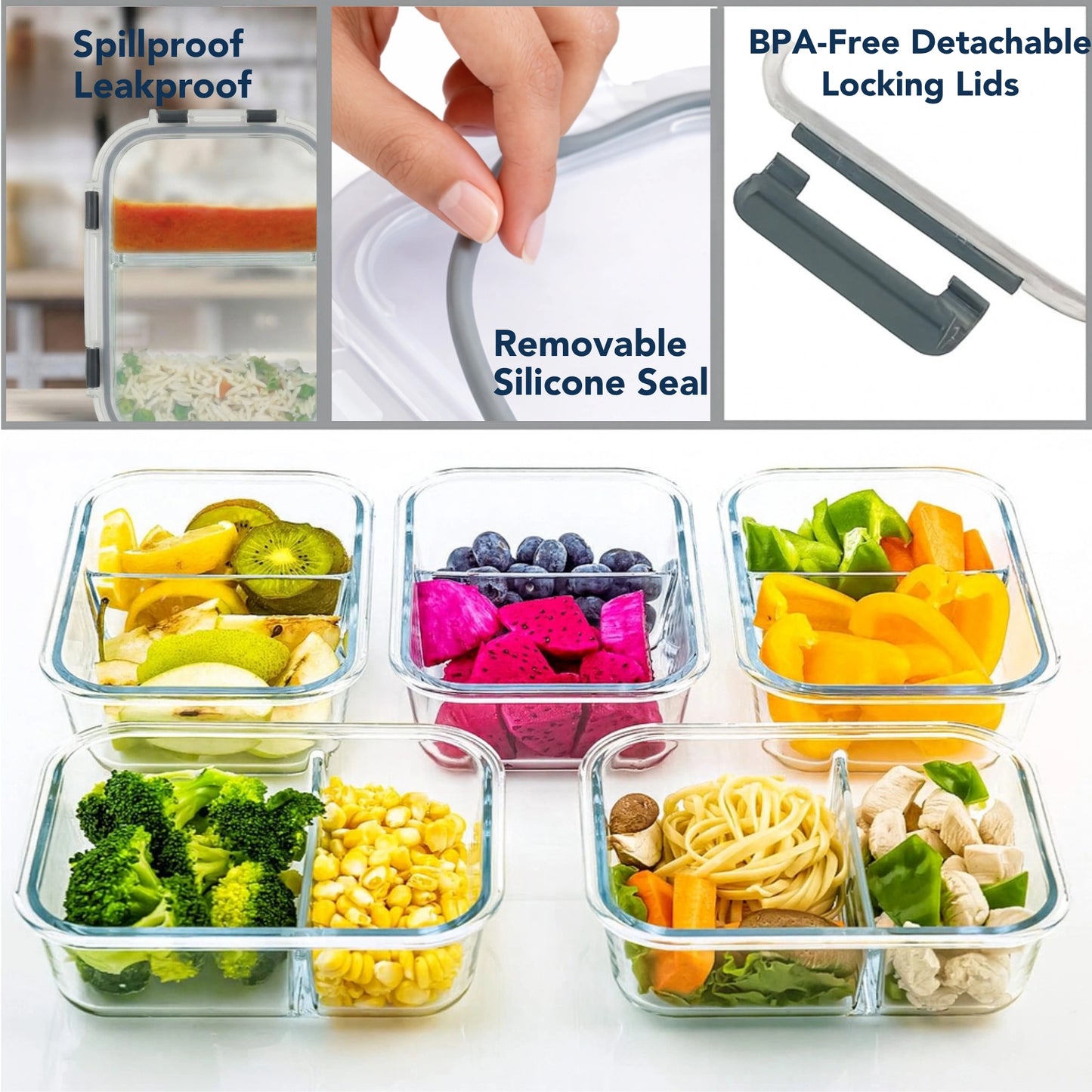 Borosilicate Glass Lunch Box with 2 Compartments & Leak-Proof 4-Side Lock Lid