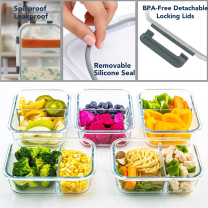 Borosilicate Glass Lunch Box with 2 Compartments & Leak-Proof 4-Side Lock Lid