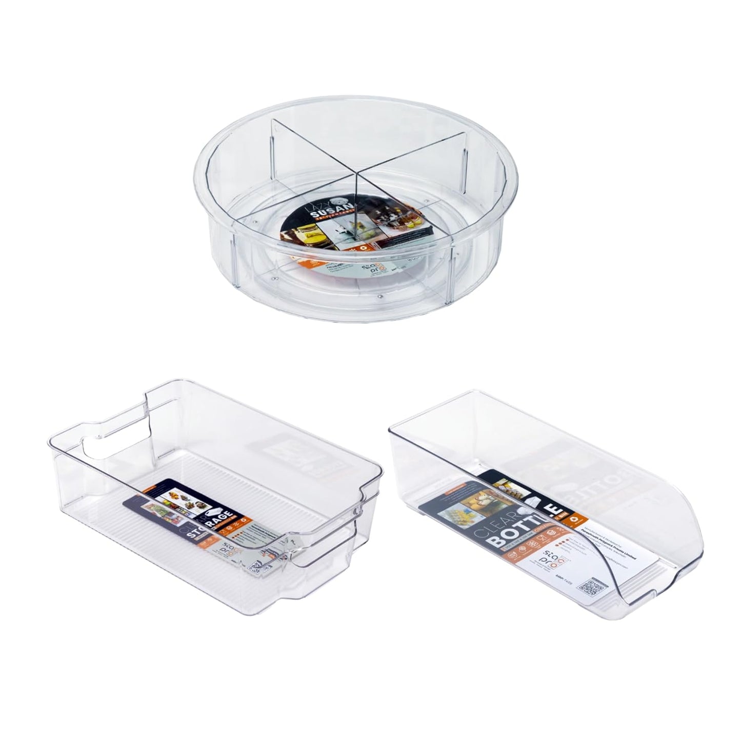 Clear Bins Bundle (3 pcs)- 1pc Large Bin, 1pc Bottle Bin, 1pc Lazy Susan