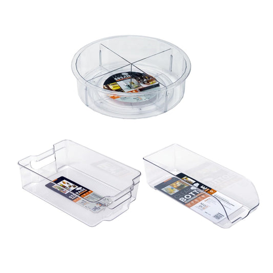 Clear Bins Bundle (3 pcs)- 1pc Large Bin, 1pc Bottle Bin, 1pc Lazy Susan