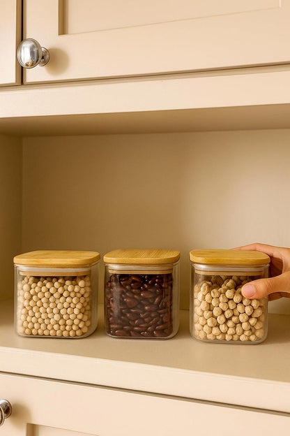 Square Airtight Glass Spice Jar with Bamboo Lid – 220ml
