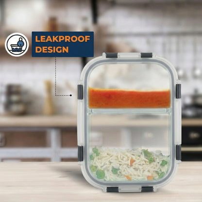 Borosilicate Glass Lunch Box with 2 Compartments & Leak-Proof 4-Side Lock Lid