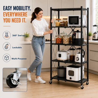 StacPro Collapsible Metal Storage Rack with Wheels | Multipurpose Heavy-Duty Shelf for Home, Kitchen & Office