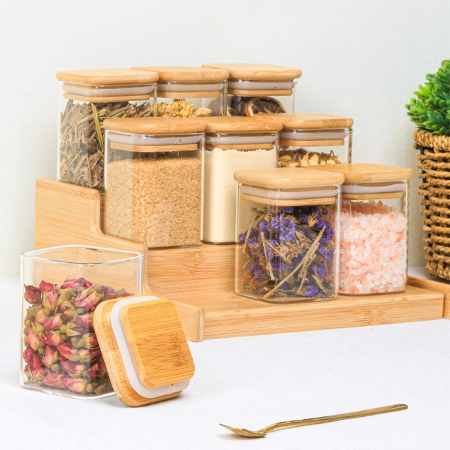 Square Airtight Glass Spice Jar with Bamboo Lid – 220ml