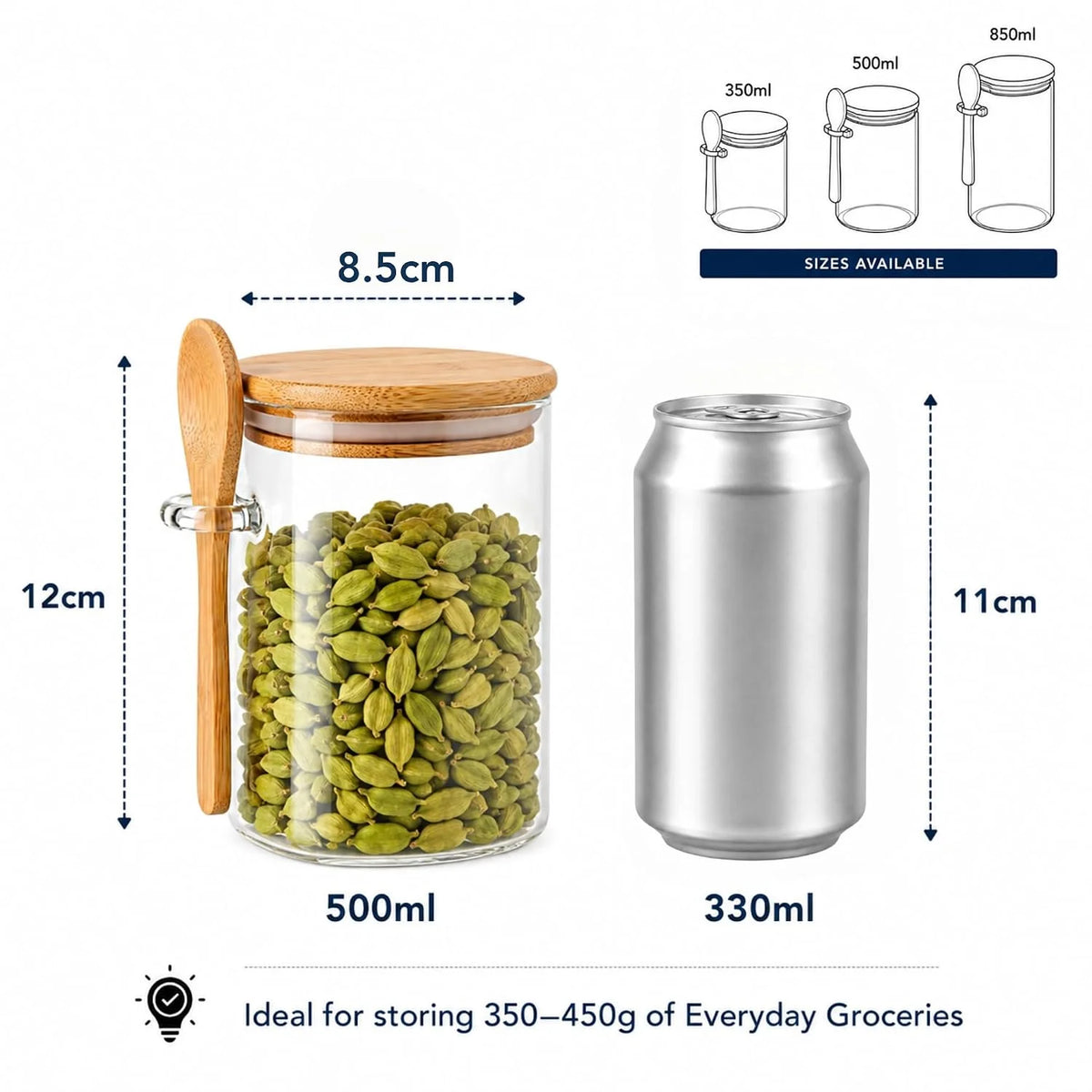 StacPro Airtight Round Glass Spice Jar with Bamboo Lid & Spoon – 500ml | Moisture-Proof, Stackable
