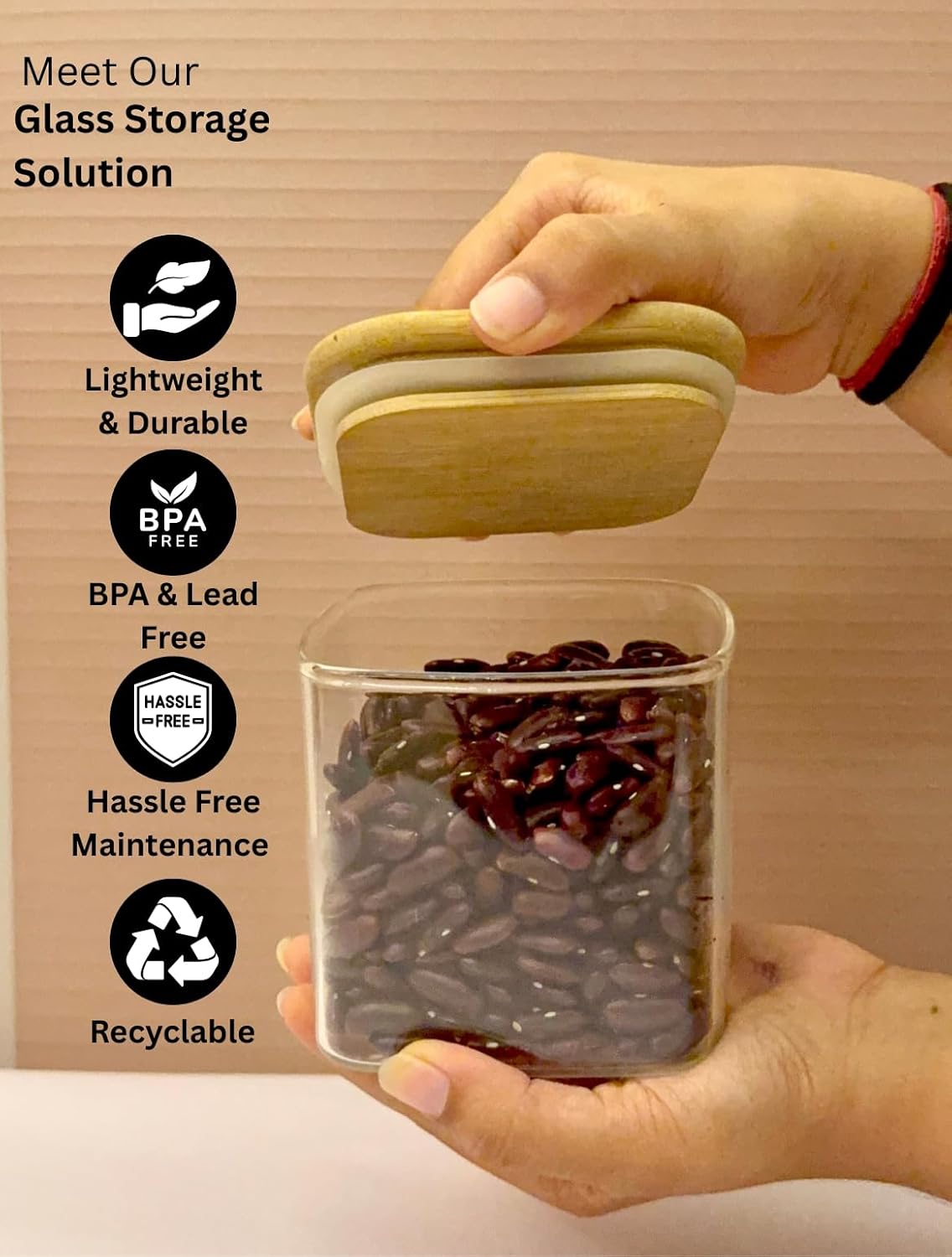 Square Airtight Glass Spice Jar with Bamboo Lid – 220ml