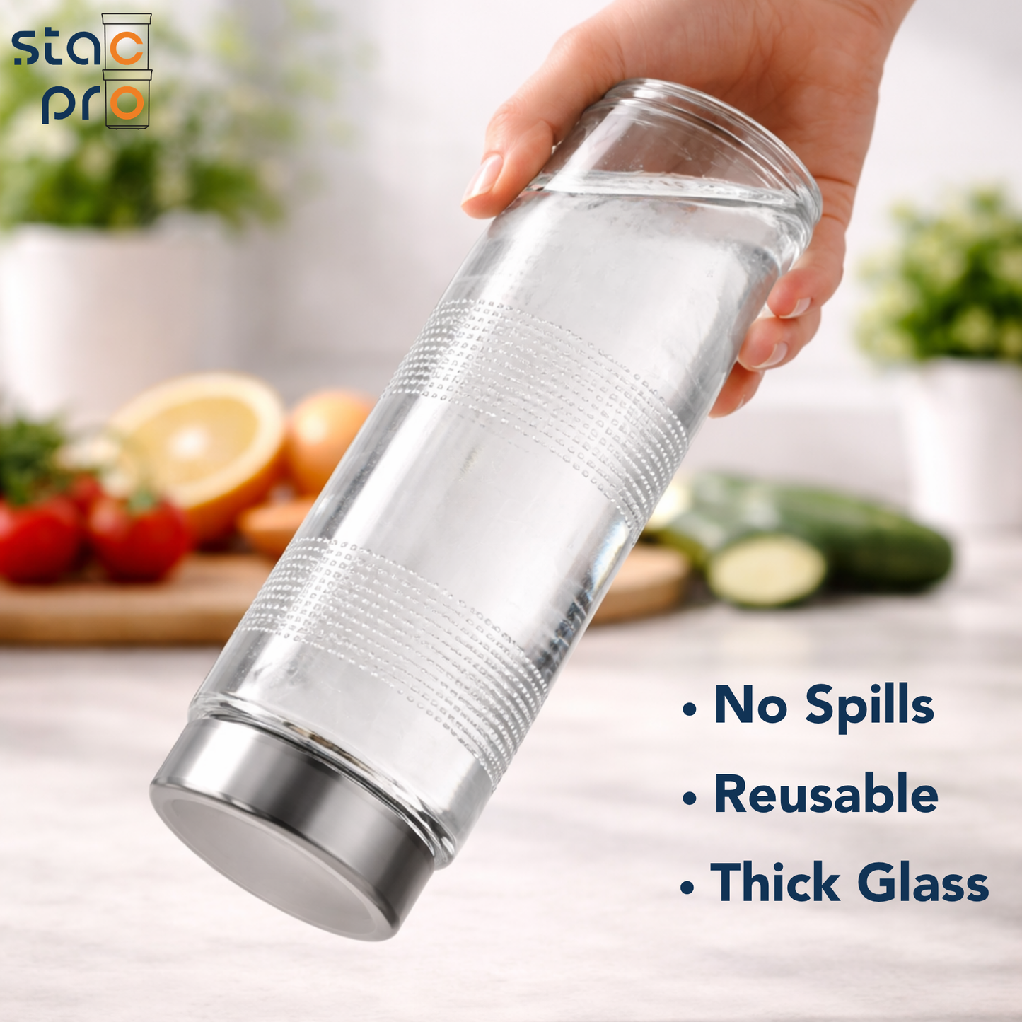 StacPro Glass Water Bottle — Texture, 750ml | BPA-Free, Leakproof | Sports & Office Hydration Bottle