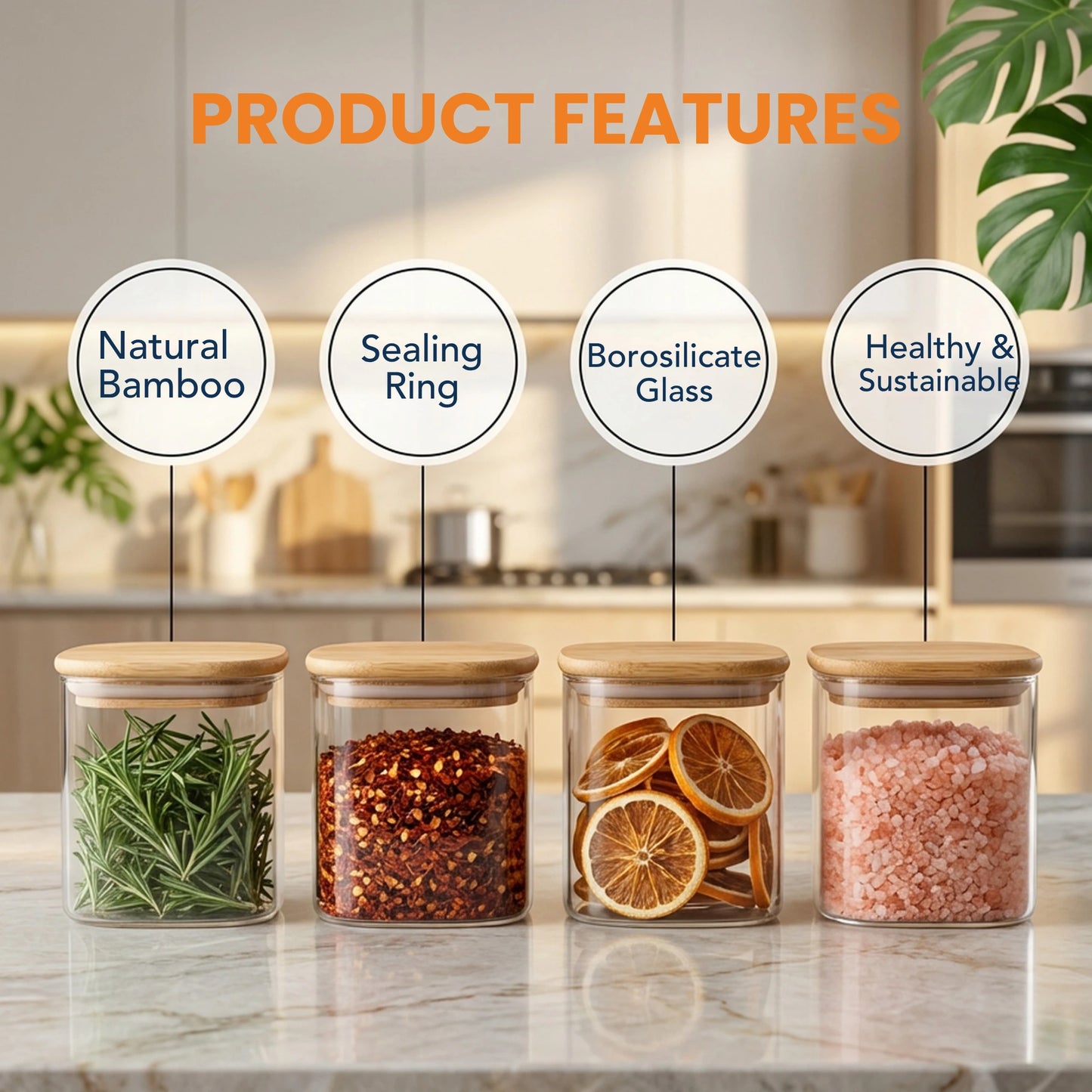 Square Airtight Glass Spice Jar with Bamboo Lid – 950ml